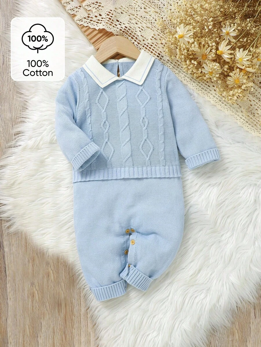 SHEIN Baby Boy Gentleman Style Casual Romper, Classic Cable Knit Turtleneck Long Sleeve Jumpsuit With Shirt Collar Design, Fashionable And Comfortable, Essential Baby Autumn/Winter Outfit - Blue - View 1
