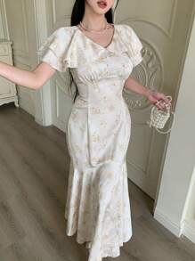 Modelyn 时尚、浪漫、优雅的提花缎浅黄色女士度假连衣裙 - 淡黃色 - 查看 2