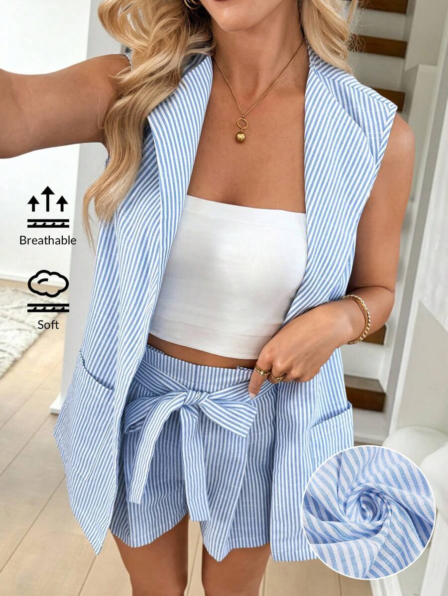 SHEIN LUNE Women's Summer Blue And White Striped Suit Vest & Shorts 2 Pieces Set,Smart Casual Vacation Outfit,Vintage Stockholm Style,Business Office Workwear - Blue and White - View 1