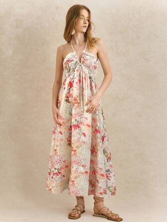 Écloséra Summer Sexy Backless Floral Print Halter Neck Dress