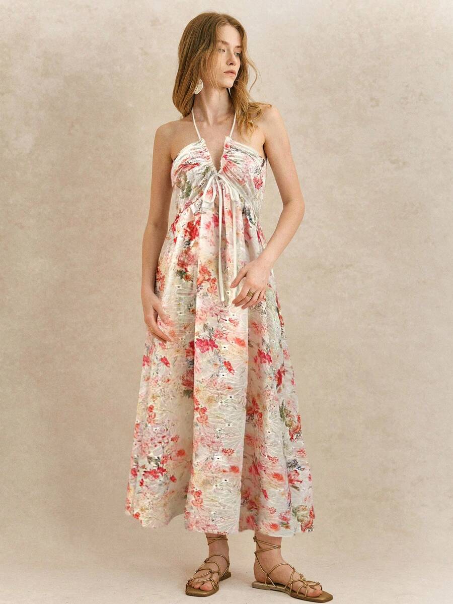 Écloséra 夏季性感露背花卉印花挂脖连衣裙 - 彩色 - 查看 1