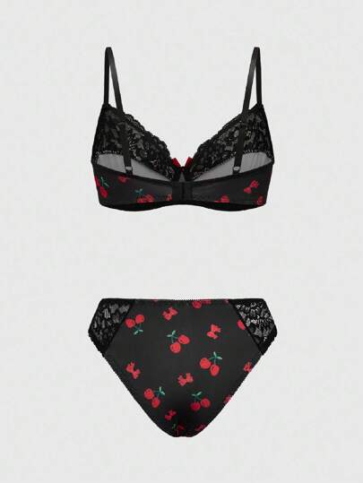 Kawaii Ensemble de lingerie avec soutien-gorge à armatures et string en dentelle à motif de cerises