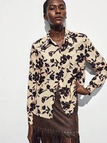 Maija 棕色图案印花休闲宽松长袖女式衬衫，波西米亚风度假风格机场旅行装，万圣节 - 杏色 - 查看 4