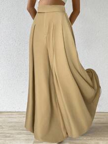 SHEIN EZwear 棕色女士褶皱阔腿休闲裤 - 棕色 - 查看 4