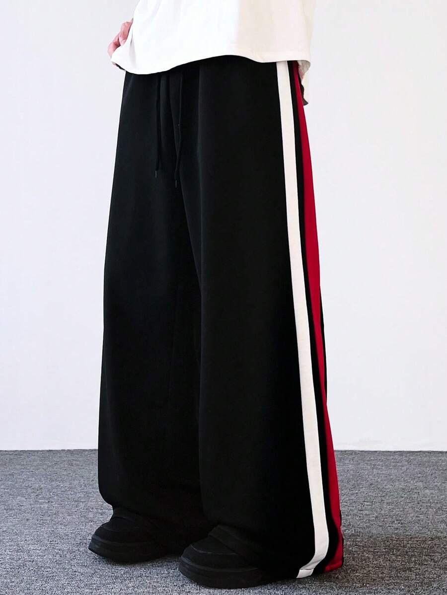 Claim Dot 男士抽绳腰侧条纹阔腿宽松休闲运动裤 男士阔腿侧条纹裤 男士街头潮流裤 男士侧条纹裤 男士宽松宽裤 男士阔腿裤 - 黑色 - 查看 1