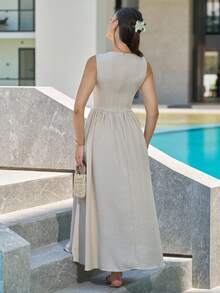 Andrea Bello Vestido ajustado azul marino con silueta en línea A, adecuado para el Día de San Valentín, conciertos, actuaciones, citas, fiestas, bodas, sexy, elegante, trabajo, vuelta al cole, vacaciones, playa, romántico - Caqui - Ver 2