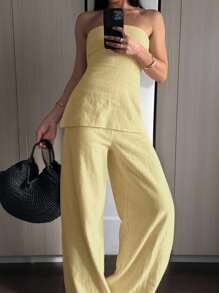 INAWLY Plus Size Women Summer Solid Color Camisole Top And Pants 2 Pieces Set - Yellow - View 2