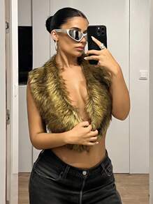 SHEIN ICON 女式时尚性感露背仿皮草上衣秋季女装