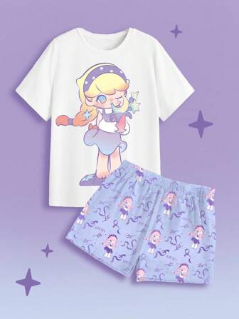 Pop Mart Azura X SHEIN 女士短袖短裤睡衣套装 白色T恤 紫色短裤 卡通图案 蝴蝶结 少女图案 可爱清新 居家休闲 浪漫度假 夏季