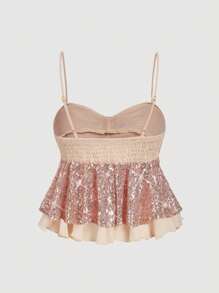 SHEIN MOD Topuri camisole casual cu tiv strălucitor și volane pentru femei, vară, top strălucitor, top șampanie, topuri pentru ieșiri în oraș, ziua de naștere pentru femei, topuri sexy pentru club, topuri Y2k, brunch pentru femei, top cu paiete pentru petrecere - Șampanie - Vizualizare 2