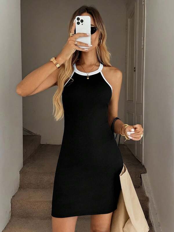 Easowa Crew Neck Halter Waist Cinched Fitted Casual Sport Elegant Midi Dress For Women, Color-Block Splice