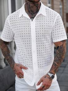 Manfinity CasualCool Men's White Knitted Jacquard Short Sleeve Shirt,Summer Funny Vacation Holiday Mesh Crochet Shirt,Casual Textured Cuban Collar Button Cardigan Shirt - White - View 3