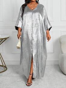 SHEIN Lady 大码女式撞色V领蝙蝠袖长袖宽松休闲连衣裙，秋冬 - 銀色 - 查看 3