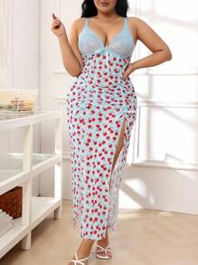 SHEIN 2件套加大码性感蕾丝拼布睡衣和睡袍套装 - 藍色 - 查看 3