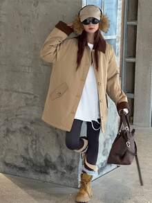 DAZY Teen Girls' Colorblock Patchwork Long Sleeve Padded Coat, Casual Street Style For Winter - Khaki - View 4