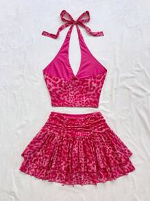 Soleia 女士度假风格杏色纹理面料露背 V 领紧身衣和层叠荷叶边下摆迷你裙套装