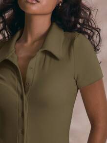 MUSERA Durchsichtiger gestrickter figurbetonter Knopfverschluss Kurzarm Kragen Jumpsuit Frühling Sommer Outfits Urlaub Feiertag Elegant Niedlich Lässig Frühling Sommer Urlaub Festival Konzert Nashville Süß Mädchenhaft - Braun - Übersicht 4