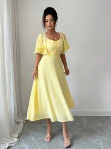 Modelyn فستان صيفي إجازي فرنسي، من الشيفون ذو تصميم بتنجيد مكشكش باللون الأصفر الزبداني الثابت - أصفر - مشاهدة 6