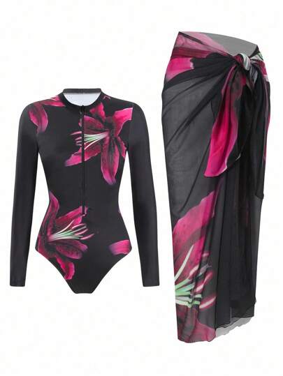 Swim Mulvari Plus Size 2pcs Set Spring&Summer Floral Print Zipper One-Piece Swimsuit With Skirt, Suitable For Holiday, Beach Party And Resort