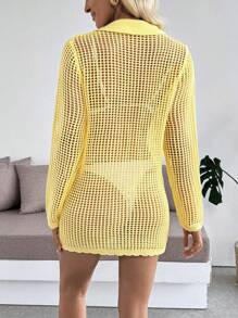 Breezaya Women's Light Yellow Semi-Sheer Open Knit Button-Up Cardigan. This Long Sleeve Collared Top Serves As A Stylish Beach Cover-Up Or A Casual Summer Tunic, Offering Breezy Comfort And Relaxed Style. - Yellow - View 2