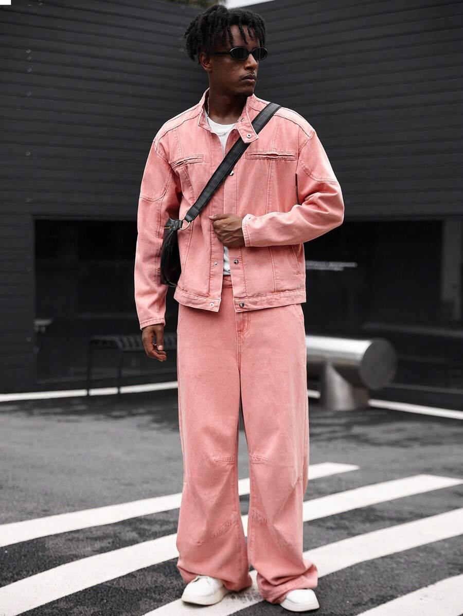 Manfinity EMRG 男士韩国品牌休闲立领牛仔夹克和直筒宽松牛仔裤套装，复古做旧外观，秋季