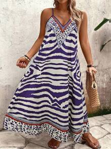 Breezaya 大码女式豹纹宽松吊带长裙，夏季 - 紫色 - 查看 4