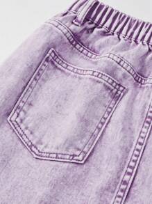 Teen Girl Purple Butterfly Print Denim A-Line Skirt, Medium Waist, Loose Fitting, Personalized Street Style Casual Retro Fashion Sweet Design - Purple - View 9