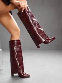 CUCCOO SZL Stylish Chunky Heel Over-The-Knee Women Boots With Stone Pattern For Christmas - Burgundy - View 2