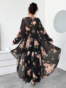 Elenzga 大码女式 2 件套优雅黑色背景大花雪纺长袖 V 领摆束腰上衣和紧身打底裤服装 - 彩色 - 查看 2