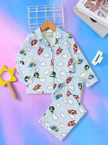 THE POWERPUFF GIRLS X SHEIN Young Girl Blossom, Bubbles, Buttercup Pattern Knit Turndown Collar Top & Pants 2-Piece Pajama Set, Autumn/Winter Fall - Baby Blue - View 1