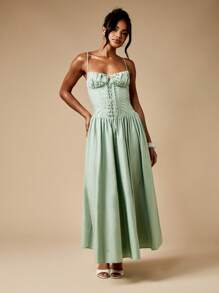 MISSGUIDED Elegant Corset Style Midaxi Dress Lace Up Front Spaghetti Strap Sage Green Summer Wedding Guest Party Prom Ball Gown With Full Circle Skirt Christmas