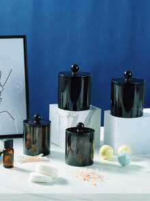 1pc Transparent Storage Box For Cleaning Rod, Round Pad And Dental Floss Pick - 10oz Clear Plastic Jar Set, Suitable For Bathroom And Dressing Table Storage And Organization, Black Night Stand Makeup Storage Box,Living Room Decor Pen Holder Storage Box