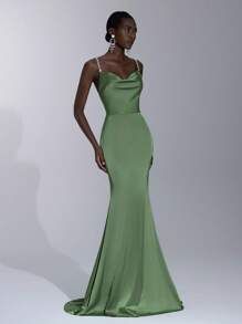 Elitara 优雅绿色缎面迷人珍珠吊带垂坠领美人鱼露背性感连衣裙，适合约会、度假、生日派对、舞会、婚礼、舞会、伴娘 - 綠色 - 查看 7
