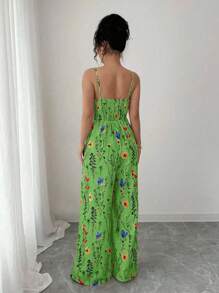SHEIN PETITE 女式优雅花卉印花细肩带阔腿连体裤，春夏 - 綠色 - 查看 2