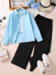 Conjunto de camisa informal para niñas adolescentes, conjunto de outfits versátiles de estilo coreano sencillo, para primavera y otoño - Multicolor - Ver 1