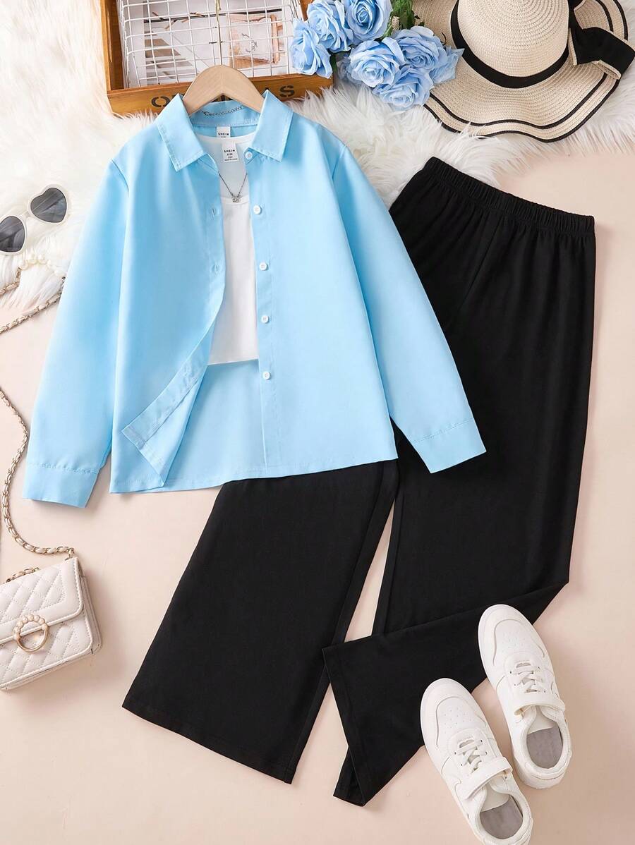 Conjunto de camisa informal para niñas adolescentes, conjunto de outfits versátiles de estilo coreano sencillo, para primavera y otoño - Multicolor - Ver 1