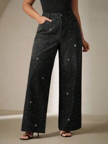Anewsta Jeans a gamba larga con strass, taglie forti, moda donna