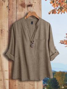 Rusticease 大码女式纯色V领卷袖衬衫，女式西装 - 駝色 - 查看 7