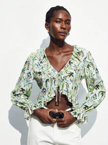 Maija Blusa de manga larga con estampado retro de tótem, con lazo delantero, ribete de volantes, top de estilo bohemio para mujeres - Multicolor - Ver 7