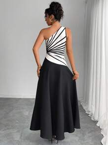 INAWLY Women's Extra Long Loose Dress, Asymmetric Shoulder, Minimalist & Fashionable Style - Black and White - View 2