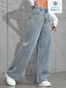 SHEIN ICON 休闲宽松高腰直筒牛仔裤 - 藍色 - 查看 5