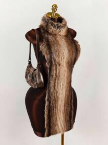 Amplova Fuzzy Yarn & Mesh Patchwork Bodycon Mini Dress Brown Fur Dress - Black - View 5