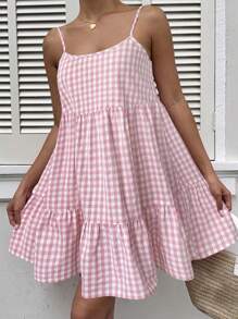 MainGRL 女式夏季新款格纹背心裙细肩带露背连衣裙 - 粉色 - 查看 3
