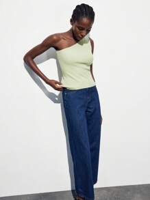 Maija Women's Solid Color Ribbed Sleeveless Casual Knit Top Asymmetrical Neck Top One Sleeve Top Ribbed Top Summer Tops,Vacation,Fall - Green - View 5