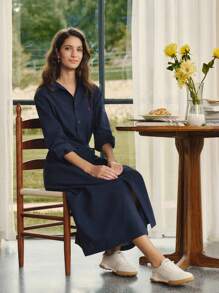 Briarwyn 女士休闲字母刺绣腰带中长衬衫裙，春秋装，秋季服装，返校服装，复古风格女装，女士教师装，返校节礼服 - 藏蓝色 - 查看 3