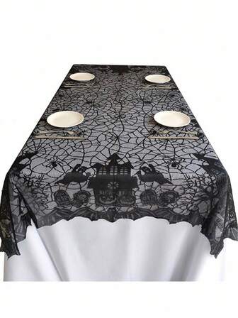 Goth 1 pieza de Mantel de encaje negro (135*175cm), mantel de estilo gótico, decoración para fiestas, mantel de Halloween - Mantel de encaje negro de festival de fantasmas para decoración de mesa de comedor en el hogar, diseño de castillo de Halloween