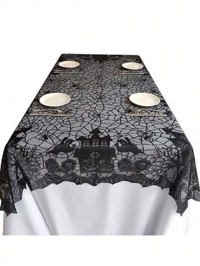 Goth 1pc Black Lace Tablecloth(135*175cm), Gothic Style Tablecloth, Party Decoration,Halloween Tablecloth - Ghost Festival Black Lace Table Cover For Home Dining Table Decoration, Halloween Castle Design