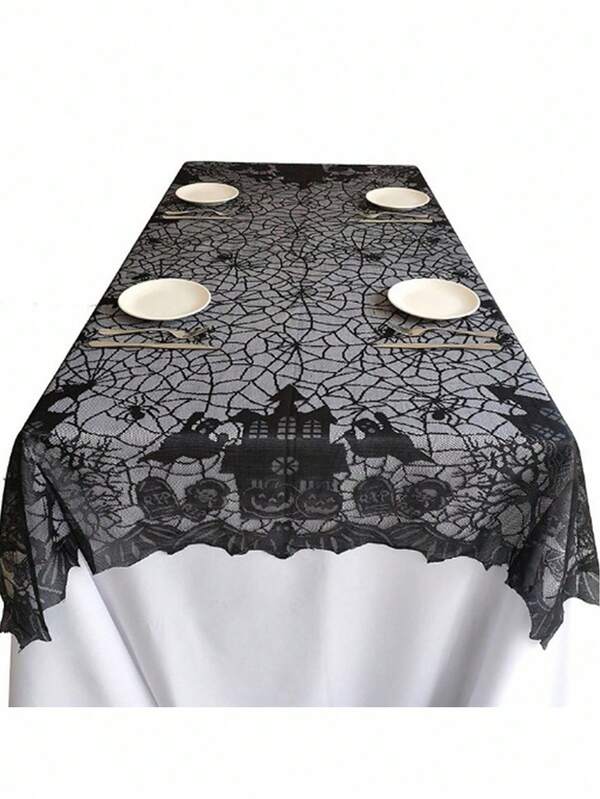 ROMWE 1 khăn trải bàn ren đen (135*175cm), khăn trải bàn phong cách Gothic, trang trí tiệc, khăn trải bàn Halloween - Khăn trải bàn ren đen lễ hội ma để trang trí bàn ăn tại nhà, thiết kế lâu đài Halloween