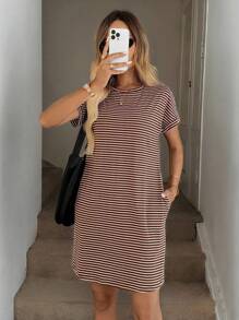 SHEIN LUNE 条纹短袖休闲连衣裙，简约时尚，适合日常穿着