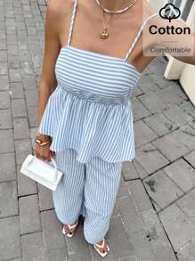Siren Gaze 套装 2 件套女装套装女夏季蓝白条纹吊带 A 字吊带背心拼接阔腿裤长裤两件套女条纹荷叶边下摆吊带背心上衣和短裤套装，夏季 - 藍色 - 查看 1